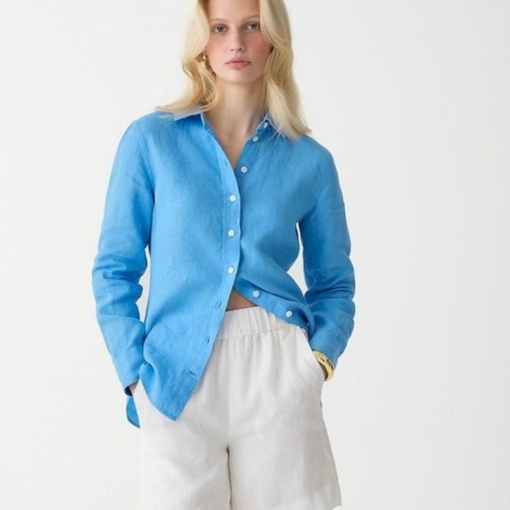 J.Crew Wren Slim Shirt in Baird McNutt Irish linen in Mountain Bluebird Blue 4